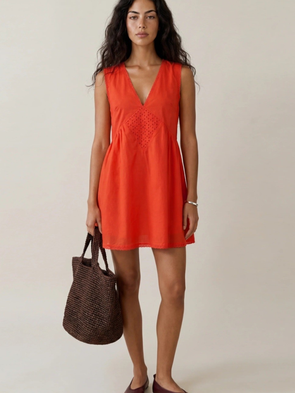 Kourt V-Neck Eyelet Mini Dress In Bright Orange